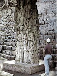 Mayan estela compared to the size of a person